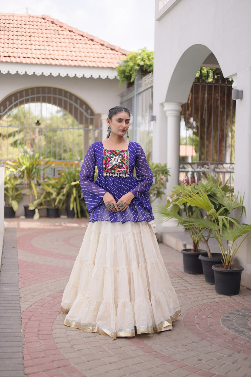 Womenline Royal Blue Kutchi Embroidered Peplum Top with White Tiered Navratri Lehenga