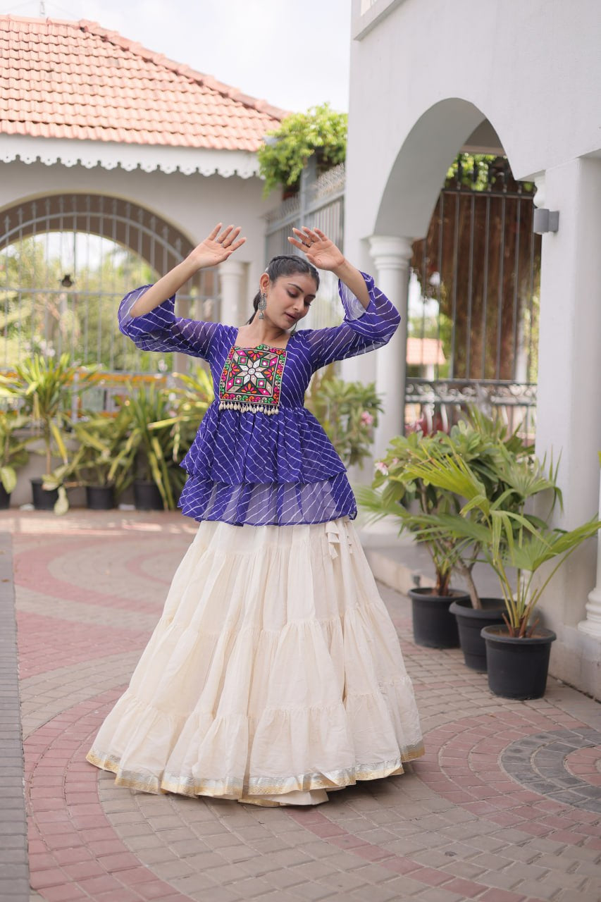 Womenline Royal Blue Kutchi Embroidered Peplum Top with White Tiered Navratri Lehenga