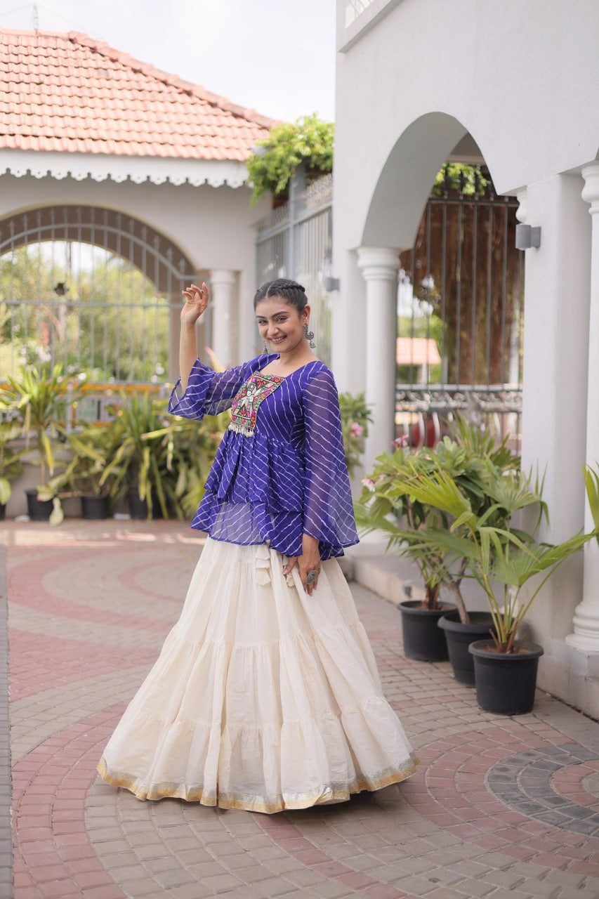 Womenline Royal Blue Kutchi Embroidered Peplum Top with White Tiered Navratri Lehenga