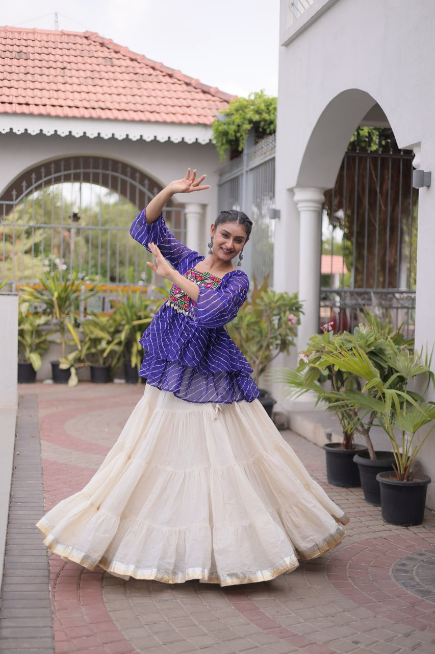 Womenline Royal Blue Kutchi Embroidered Peplum Top with White Tiered Navratri Lehenga