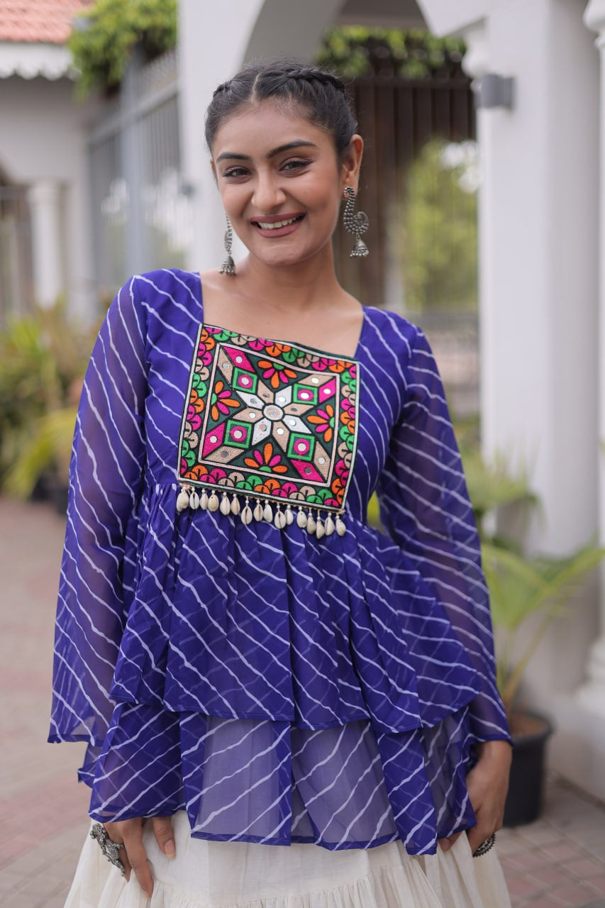 Womenline Royal Blue Kutchi Embroidered Peplum Top with White Tiered Navratri Lehenga