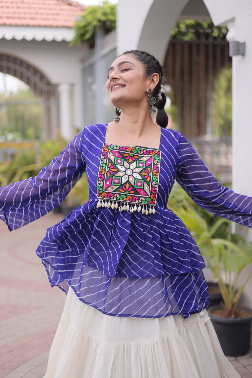 Womenline Royal Blue Kutchi Embroidered Peplum Top with White Tiered Navratri Lehenga