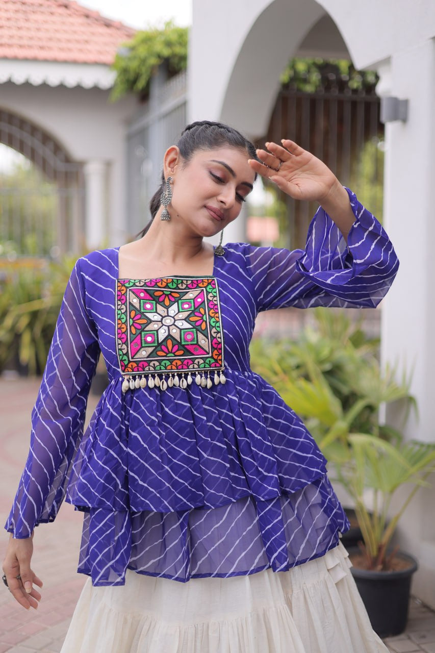 Womenline Royal Blue Kutchi Embroidered Peplum Top with White Tiered Navratri Lehenga