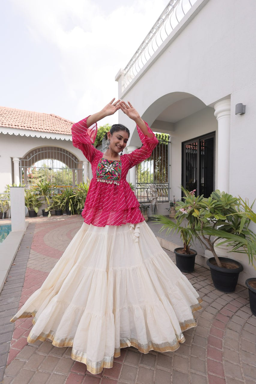 Womenline Pink Leheriya Peplum Top with White Tiered Navratri Lehenga Choli