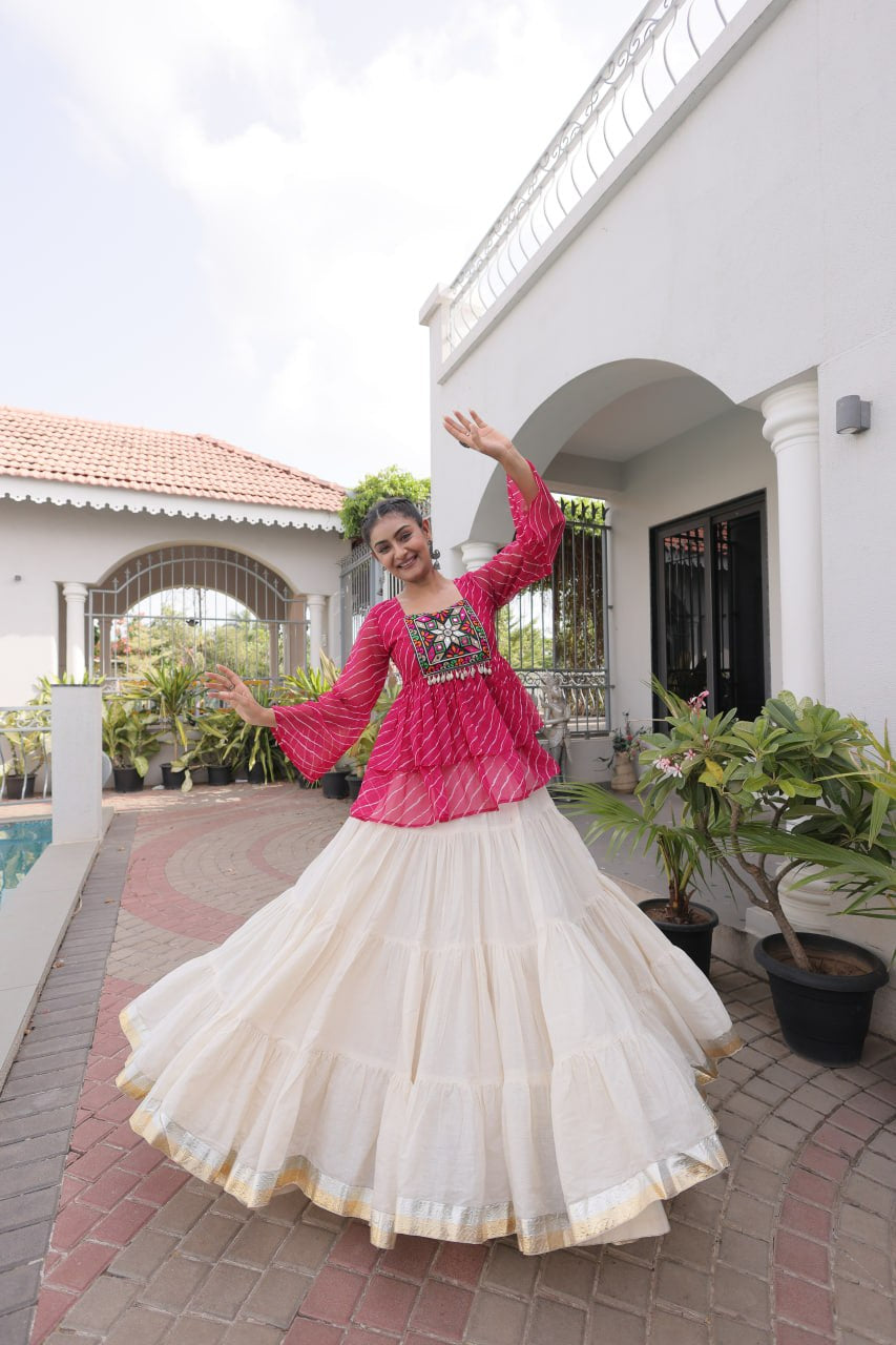 Womenline Pink Leheriya Peplum Top with White Tiered Navratri Lehenga Choli