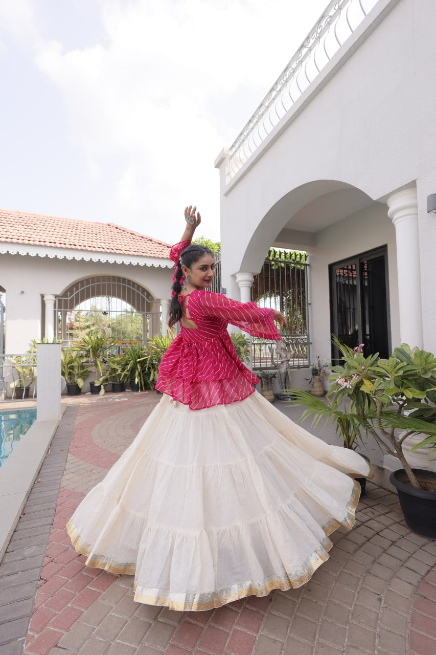 Womenline Pink Leheriya Peplum Top with White Tiered Navratri Lehenga Choli