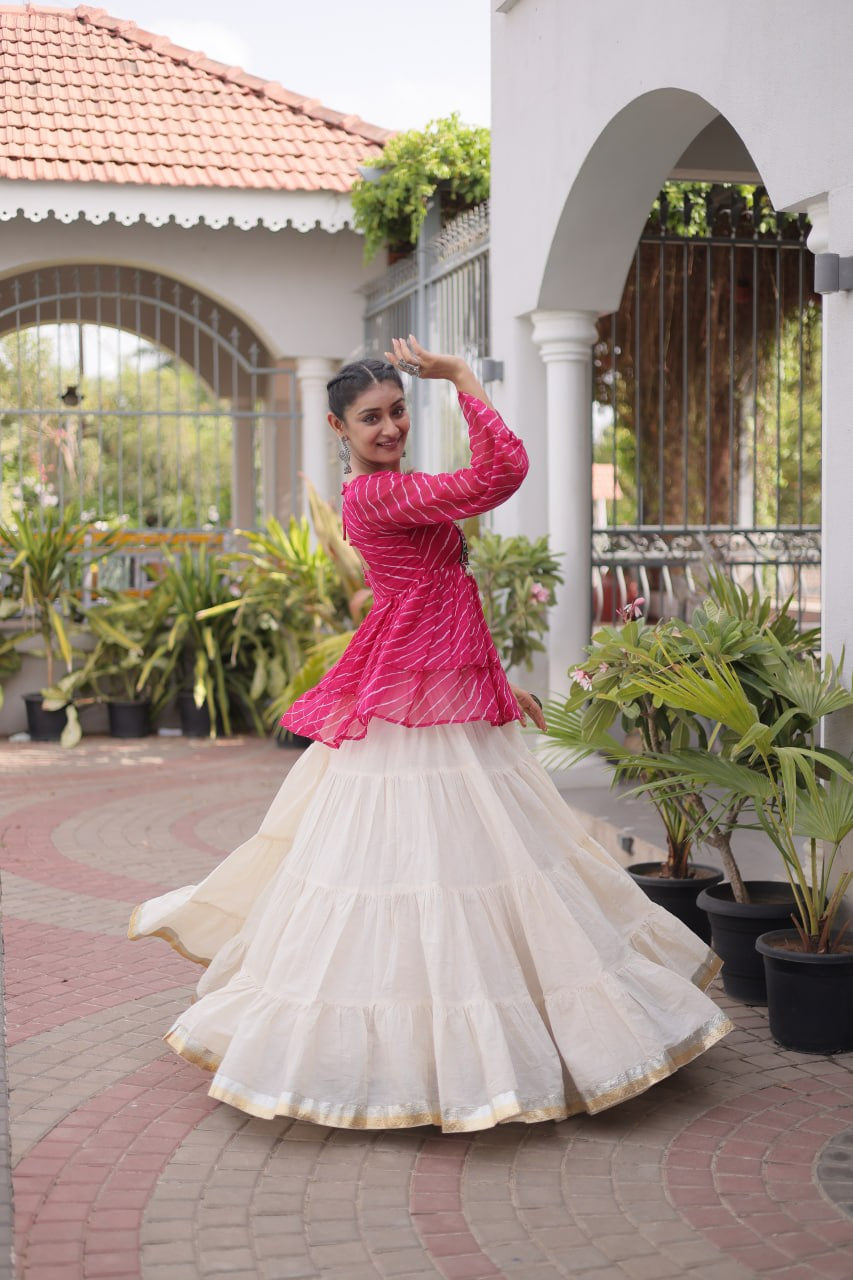 Womenline Pink Leheriya Peplum Top with White Tiered Navratri Lehenga Choli