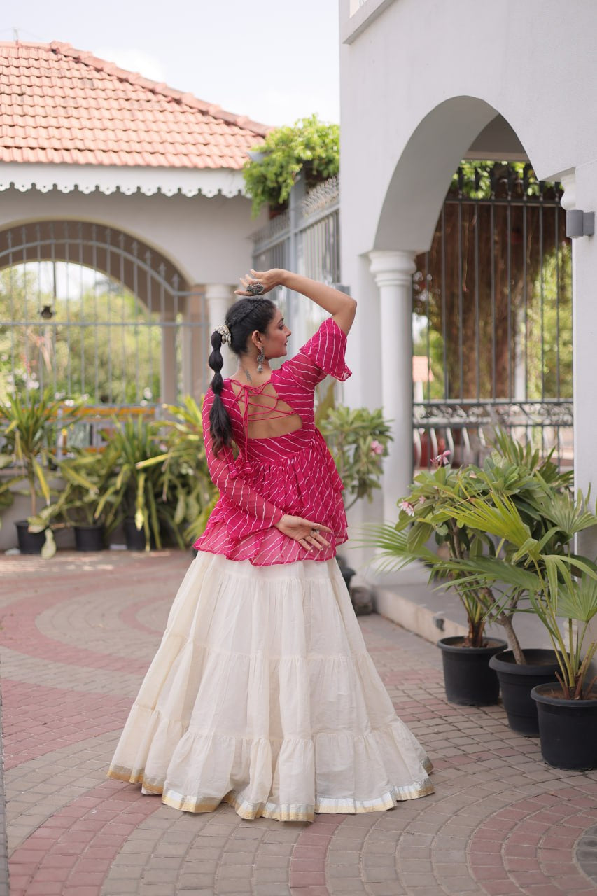 Womenline Pink Leheriya Peplum Top with White Tiered Navratri Lehenga Choli