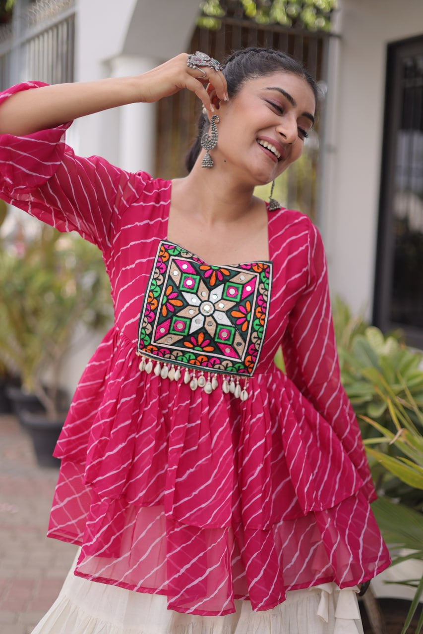 Womenline Pink Leheriya Peplum Top with White Tiered Navratri Lehenga Choli