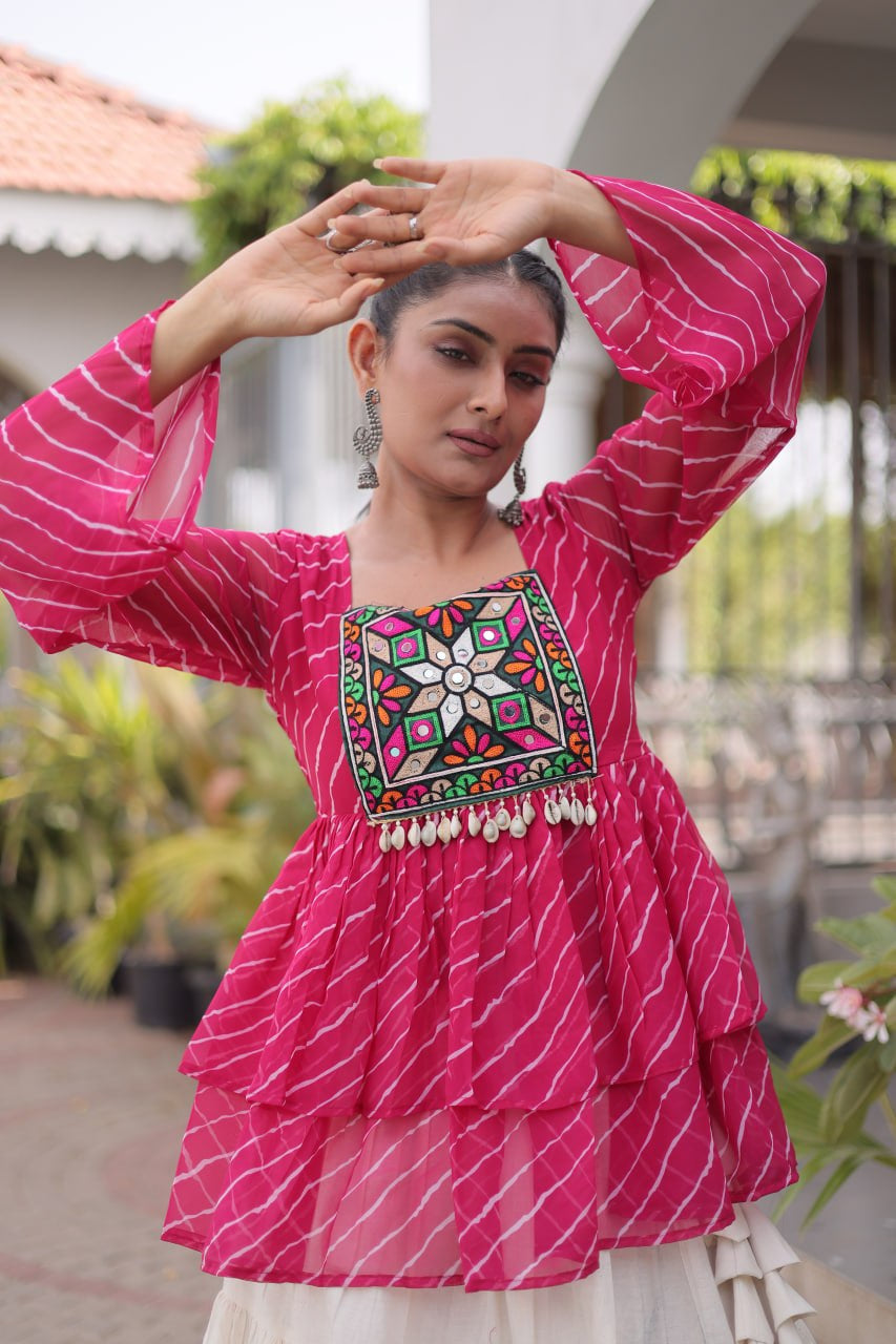 Womenline Pink Leheriya Peplum Top with White Tiered Navratri Lehenga Choli