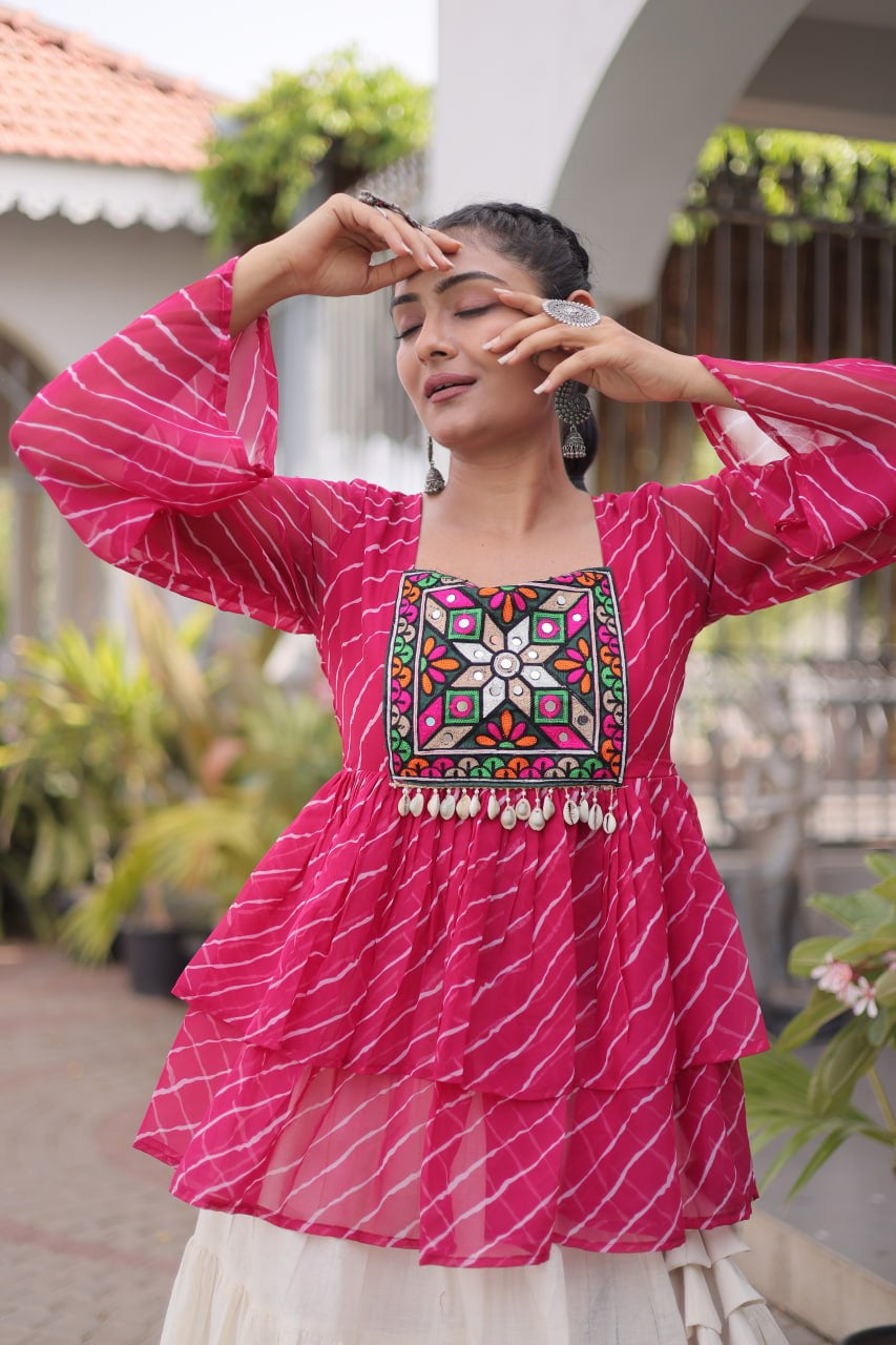 Womenline Pink Leheriya Peplum Top with White Tiered Navratri Lehenga Choli