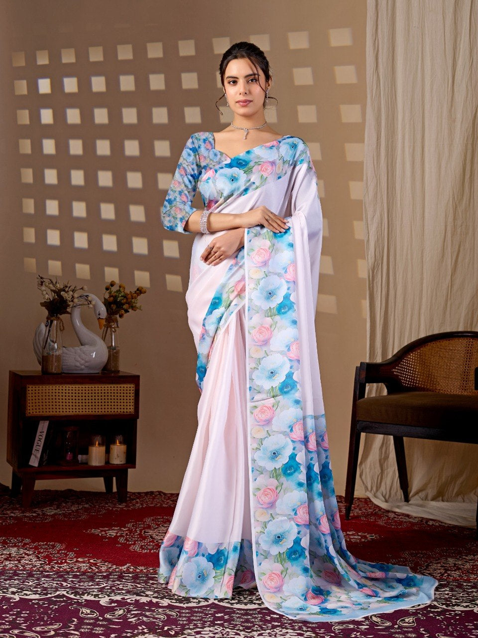Womenline White Floral Printed Georgette Saree with Matching Blouse