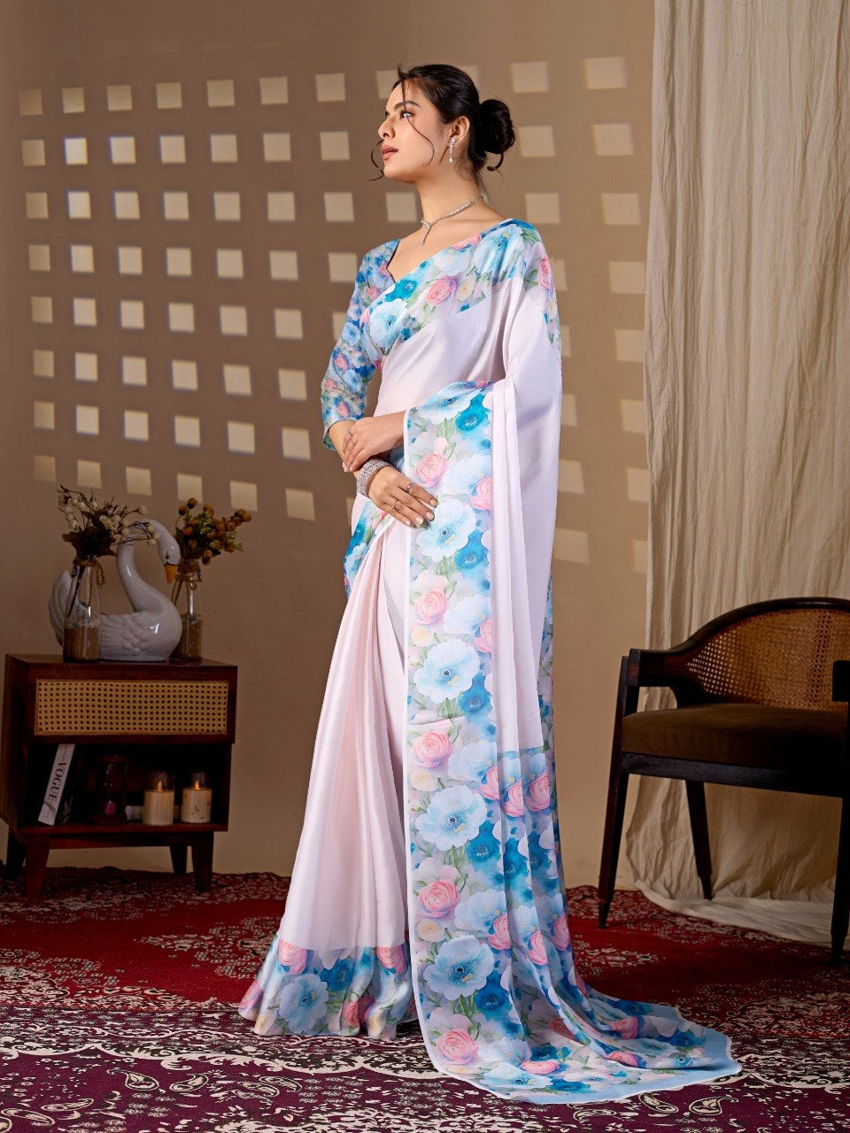 Womenline White Floral Printed Georgette Saree with Matching Blouse