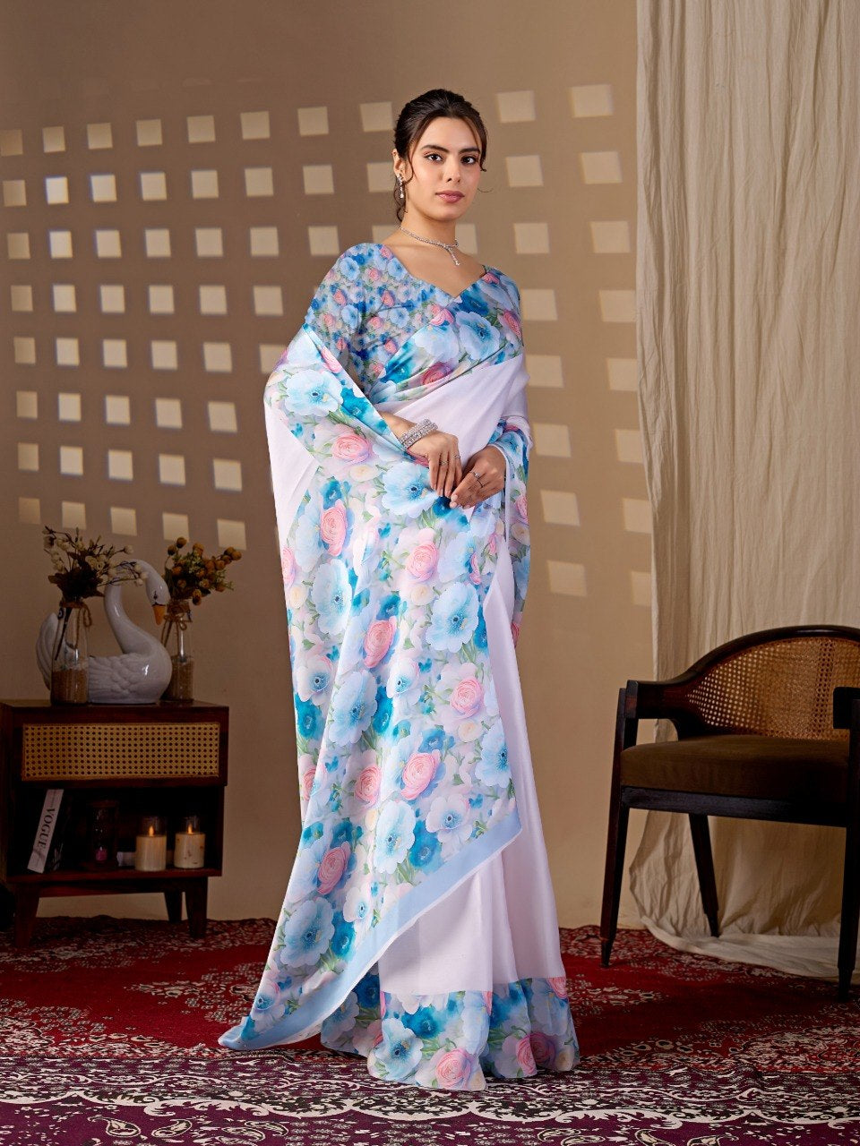 Womenline White Floral Printed Georgette Saree with Matching Blouse