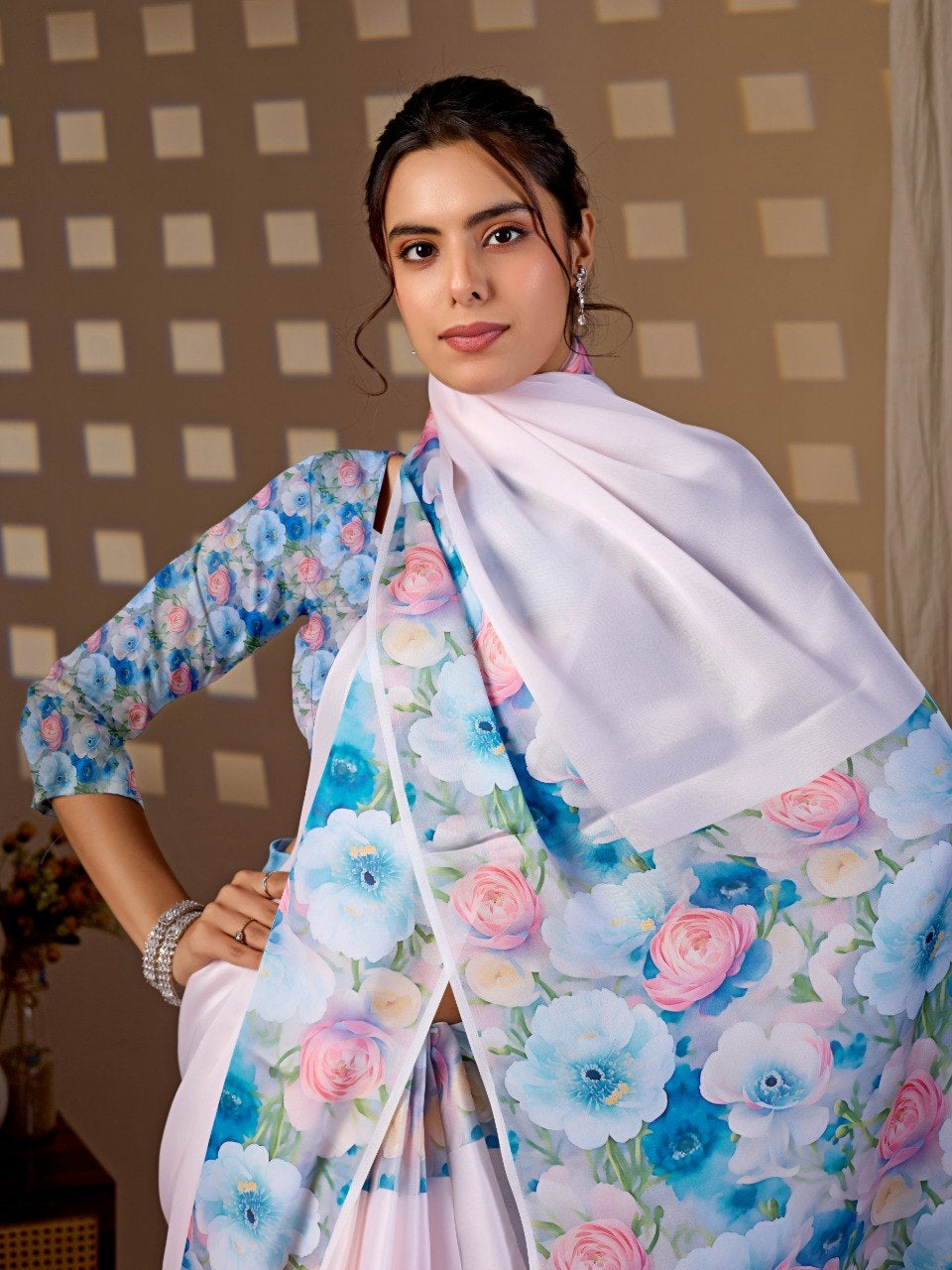 Womenline White Floral Printed Georgette Saree with Matching Blouse