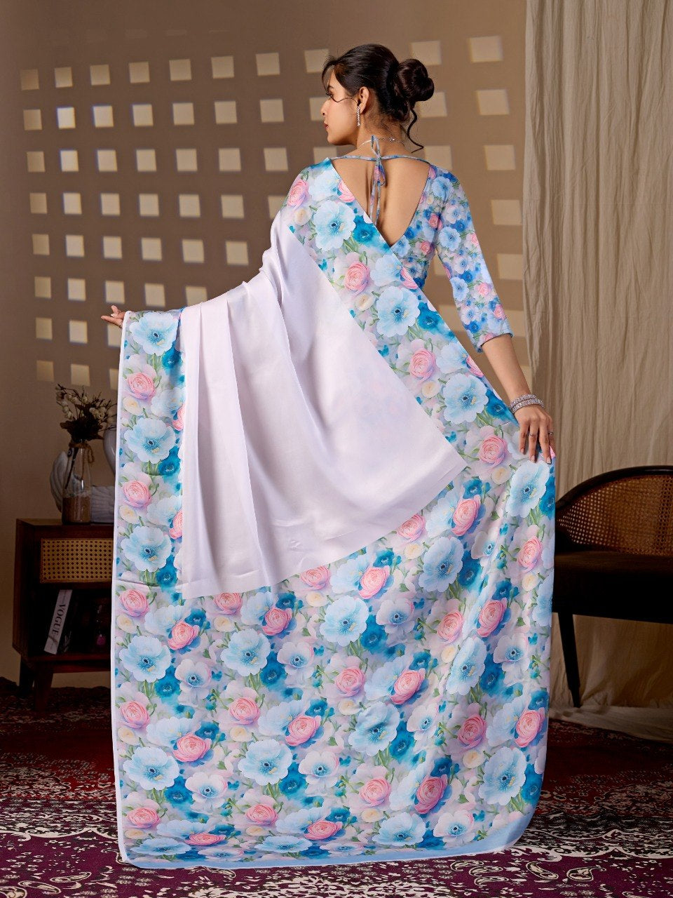 Womenline White Floral Printed Georgette Saree with Matching Blouse