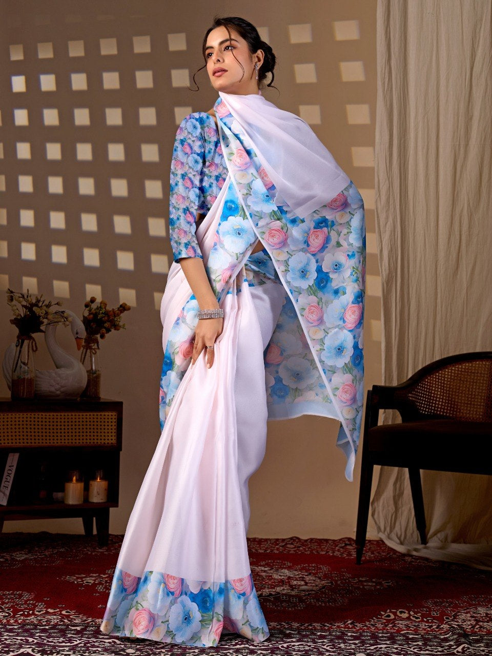 Womenline White Floral Printed Georgette Saree with Matching Blouse