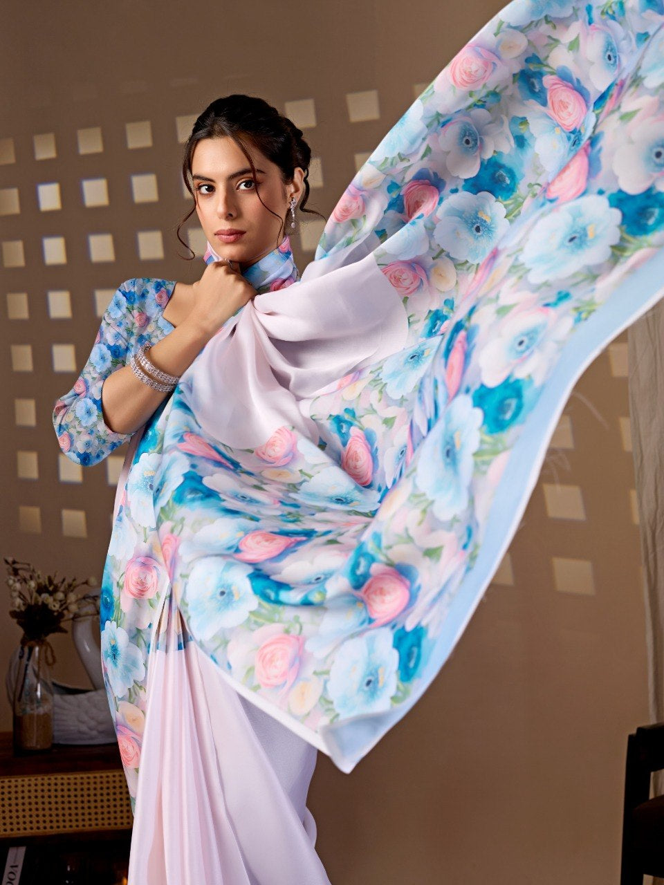 Womenline White Floral Printed Georgette Saree with Matching Blouse