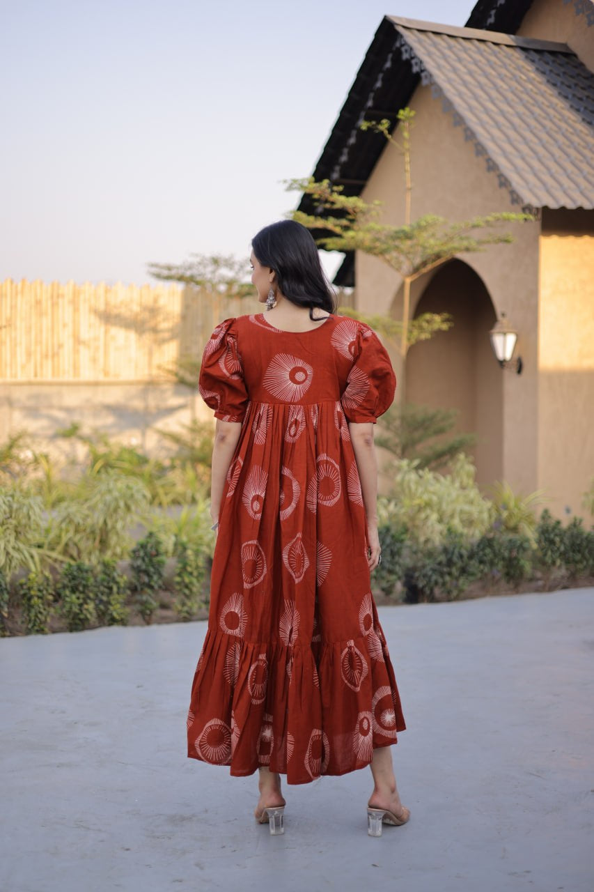 Womenline Rust Red Color Printed Tiered Tunic
