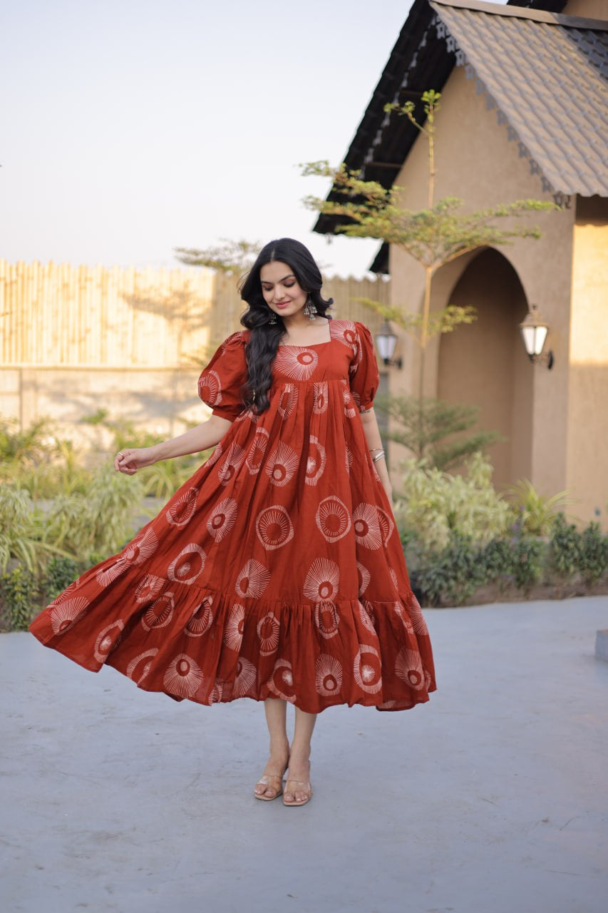 Womenline Rust Red Color Printed Tiered Tunic