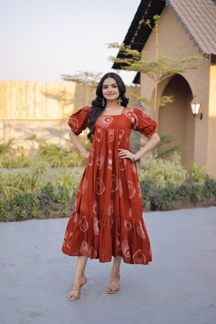 Womenline Rust Red Color Printed Tiered Tunic