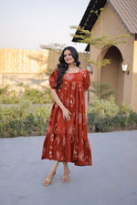 Womenline Rust Red Color Printed Tiered Tunic