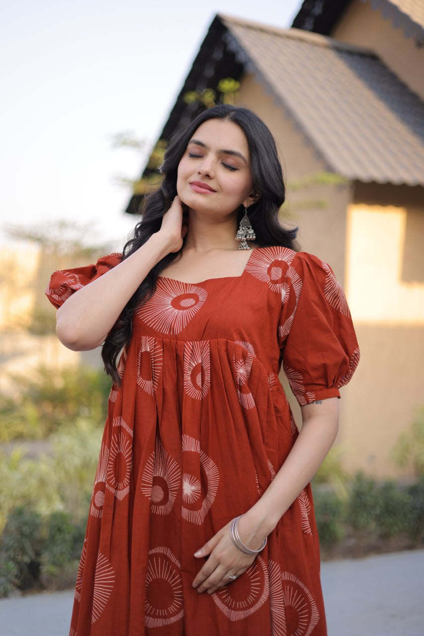Womenline Rust Red Color Printed Tiered Tunic