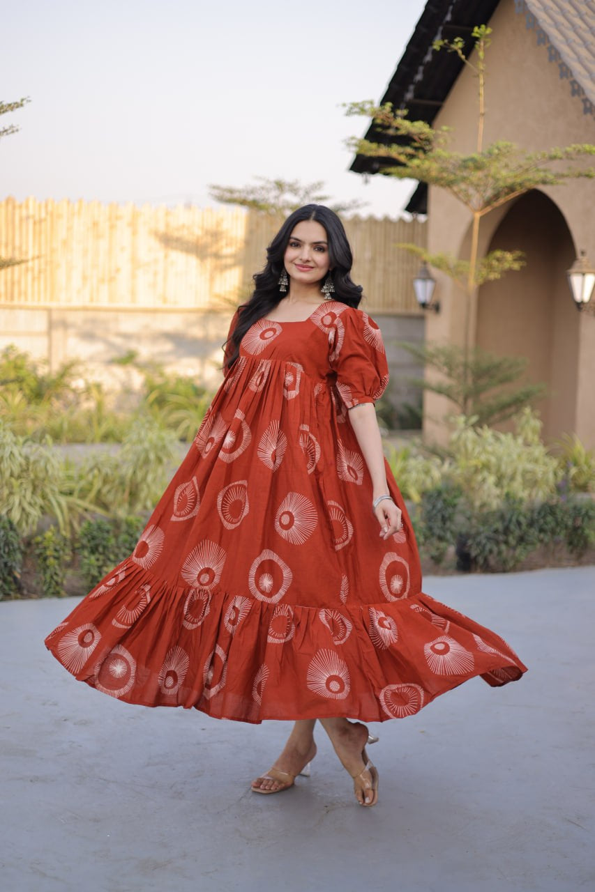 Womenline Rust Red Color Printed Tiered Tunic