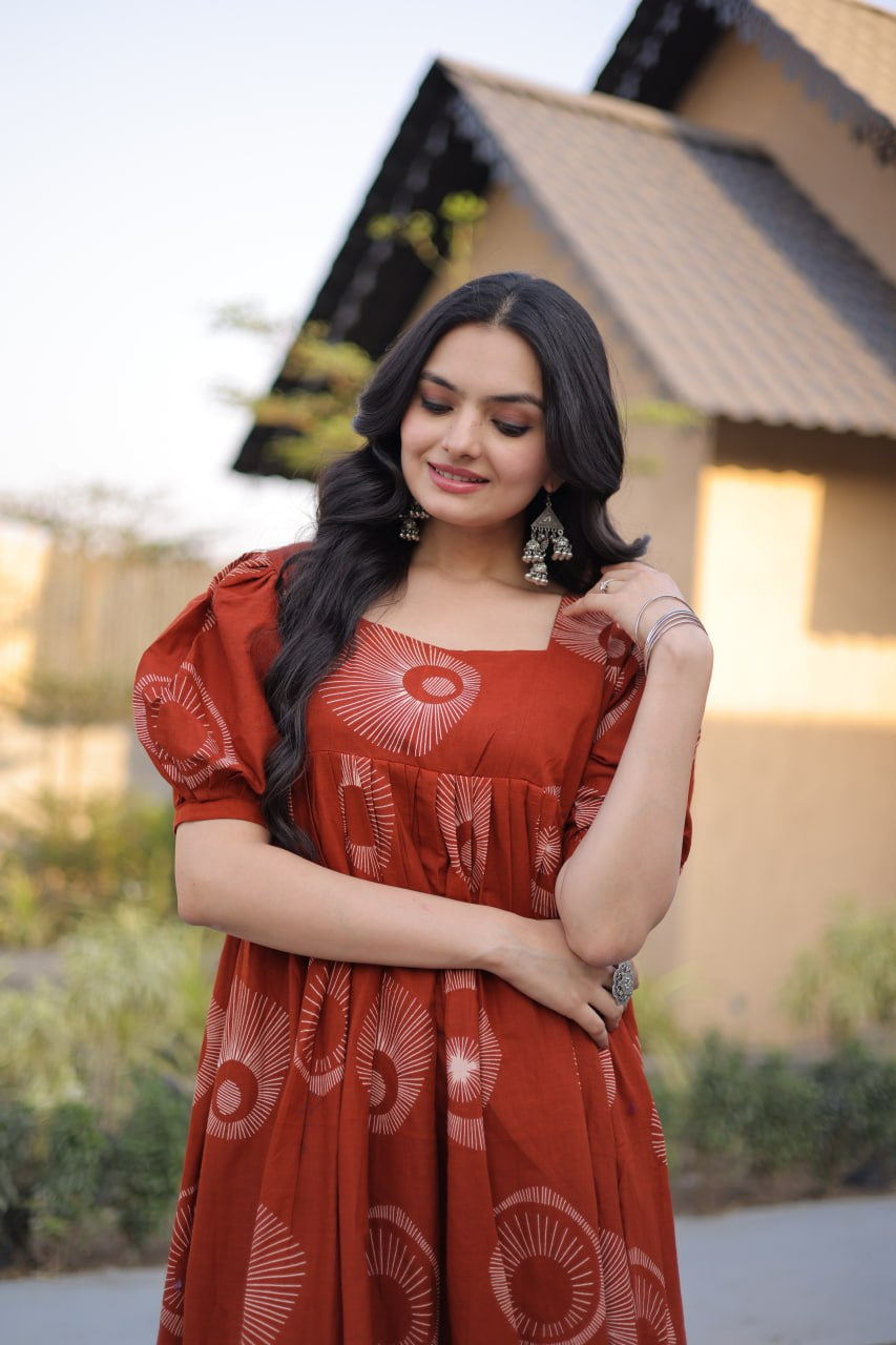 Womenline Rust Red Color Printed Tiered Tunic
