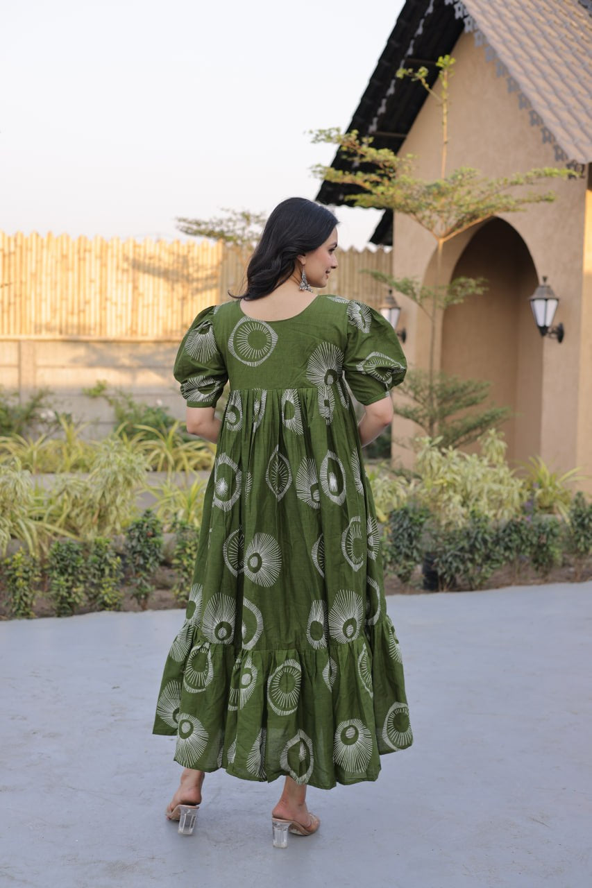 Womenline Olive Green Color Printed Tiered Tunic