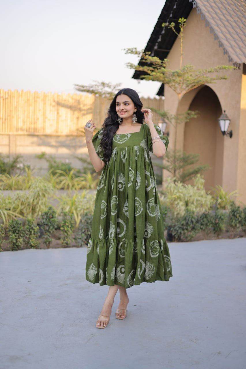 Womenline Olive Green Color Printed Tiered Tunic