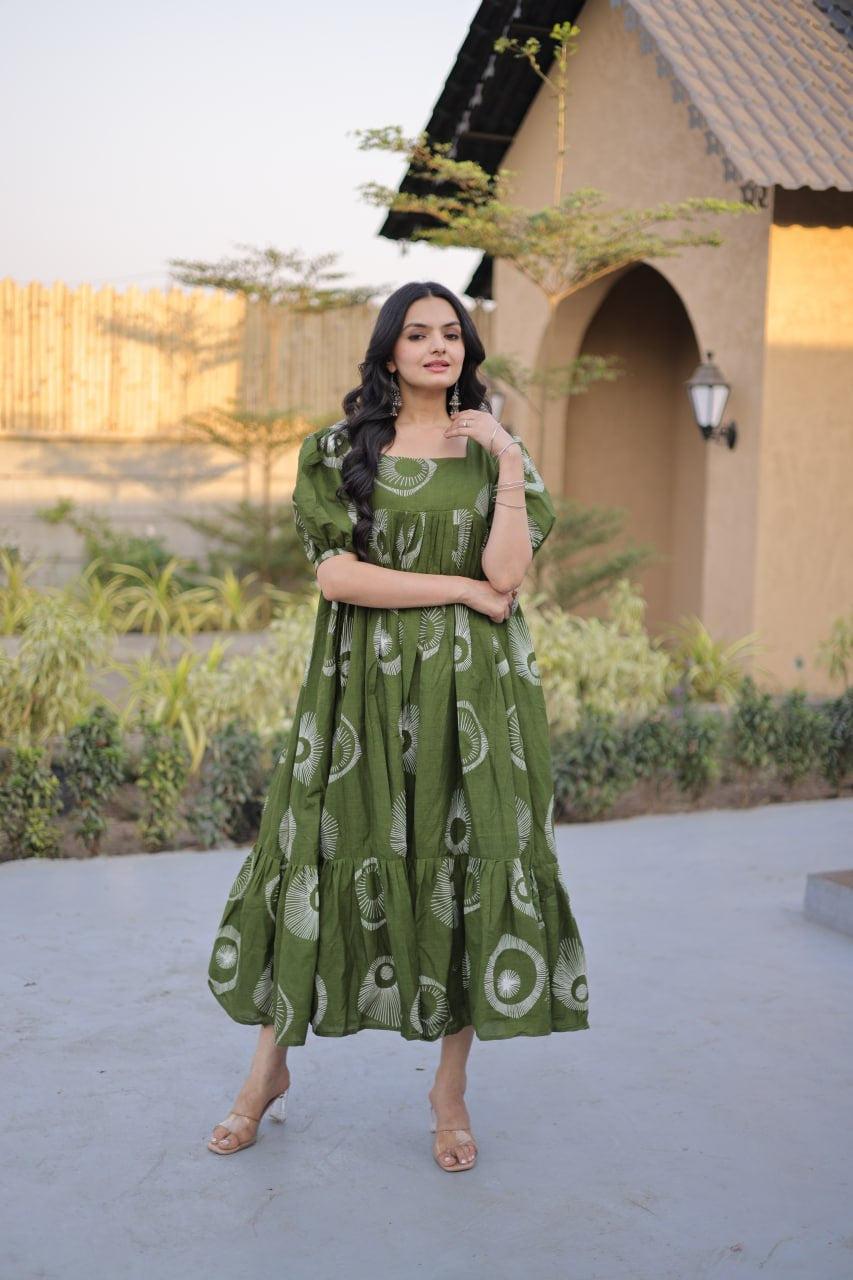 Womenline Olive Green Color Printed Tiered Tunic