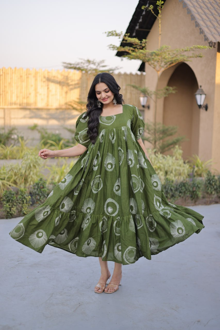 Womenline Olive Green Color Printed Tiered Tunic