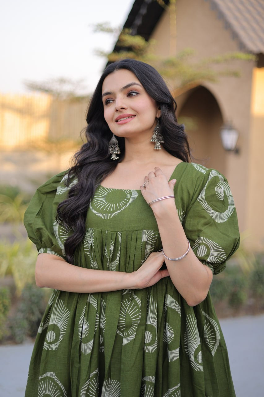 Womenline Olive Green Color Printed Tiered Tunic