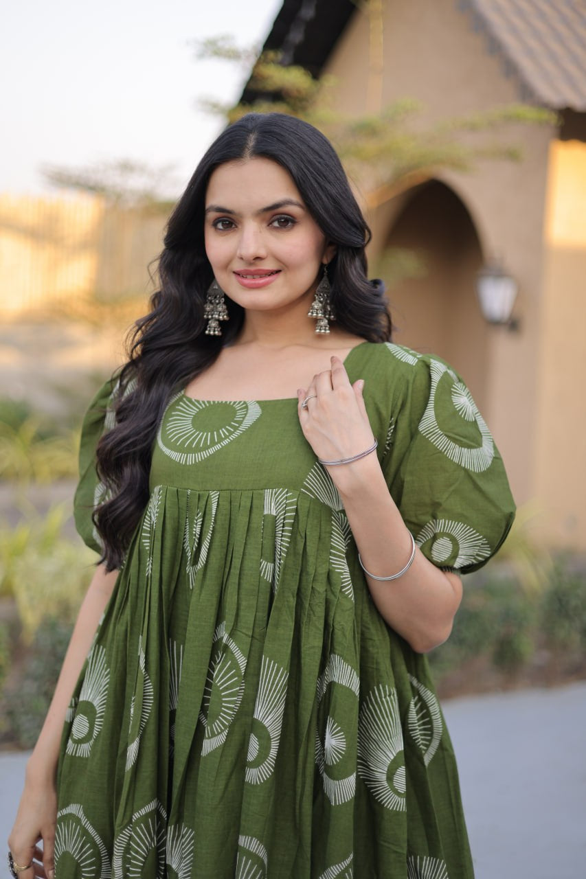Womenline Olive Green Color Printed Tiered Tunic
