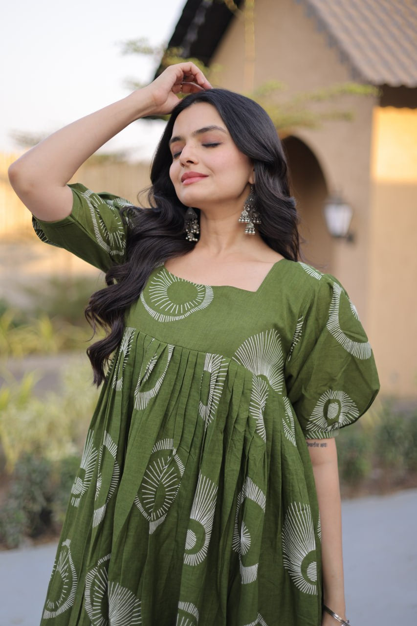 Womenline Olive Green Color Printed Tiered Tunic