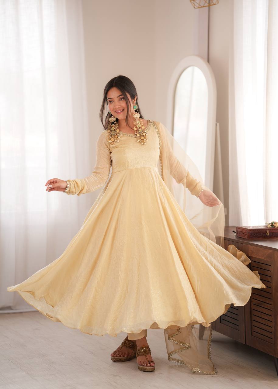 Womenline Cream Anarkali Gown with Net Dupatta