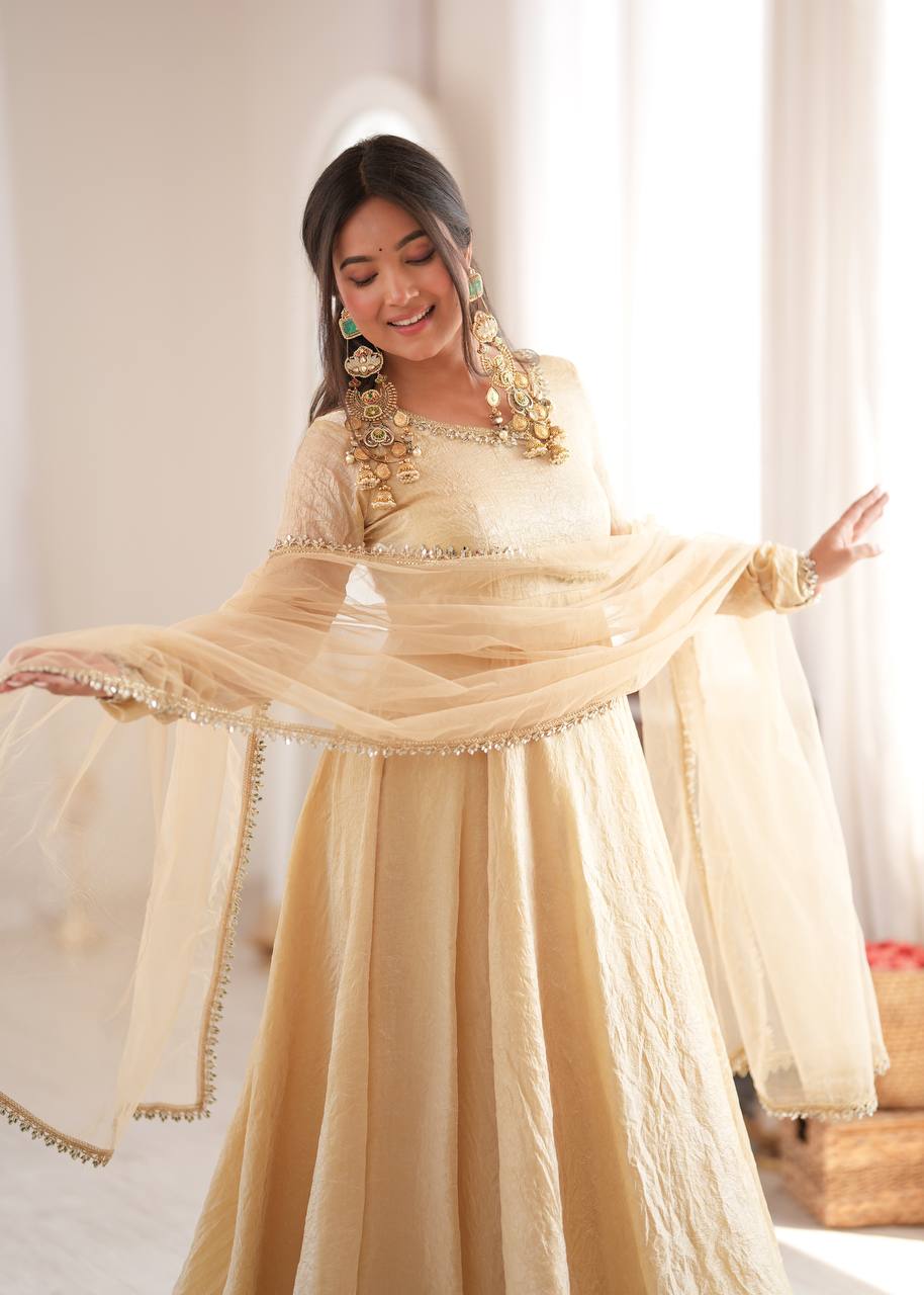 Womenline Cream Anarkali Gown with Net Dupatta