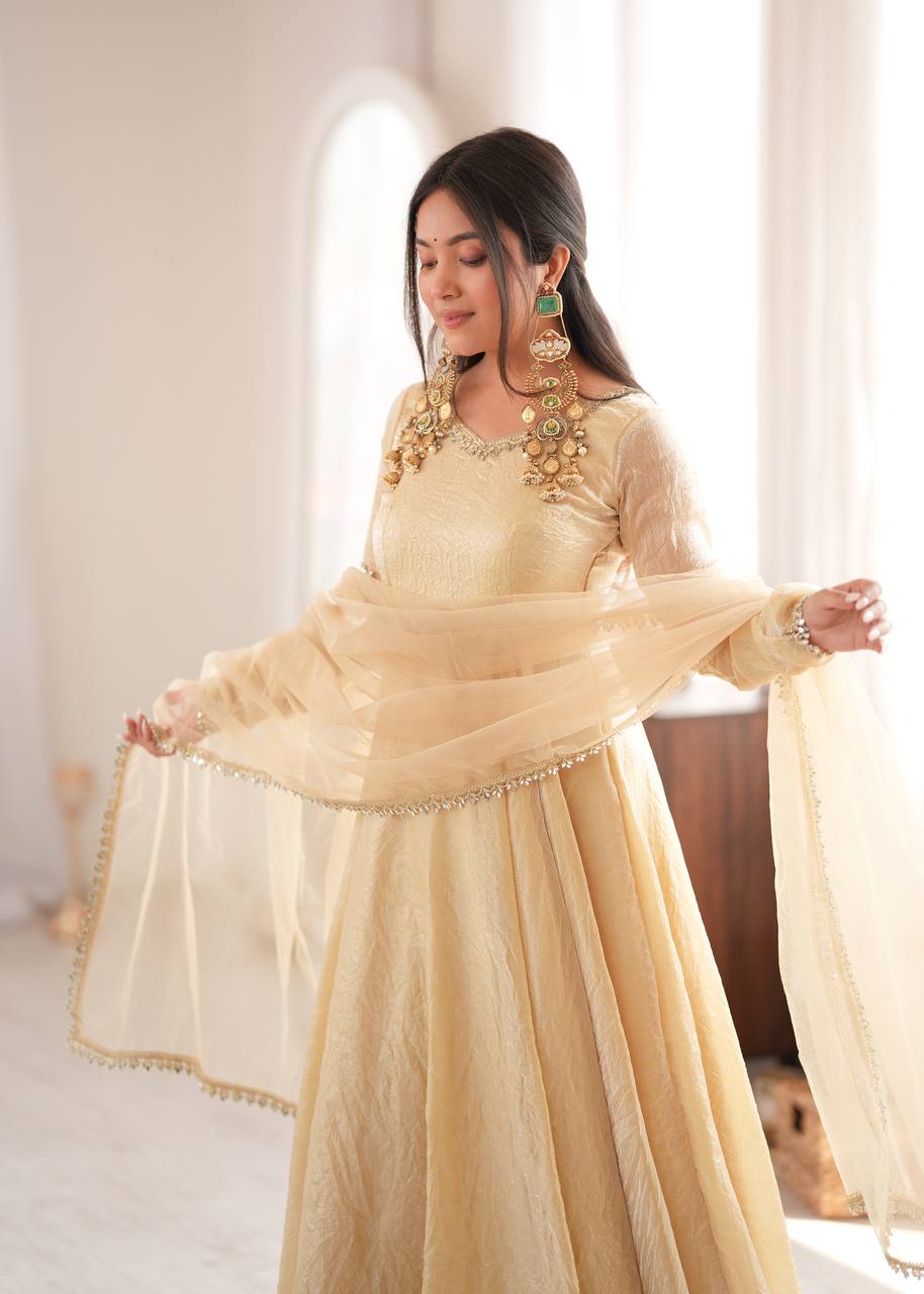 Womenline Cream Anarkali Gown with Net Dupatta