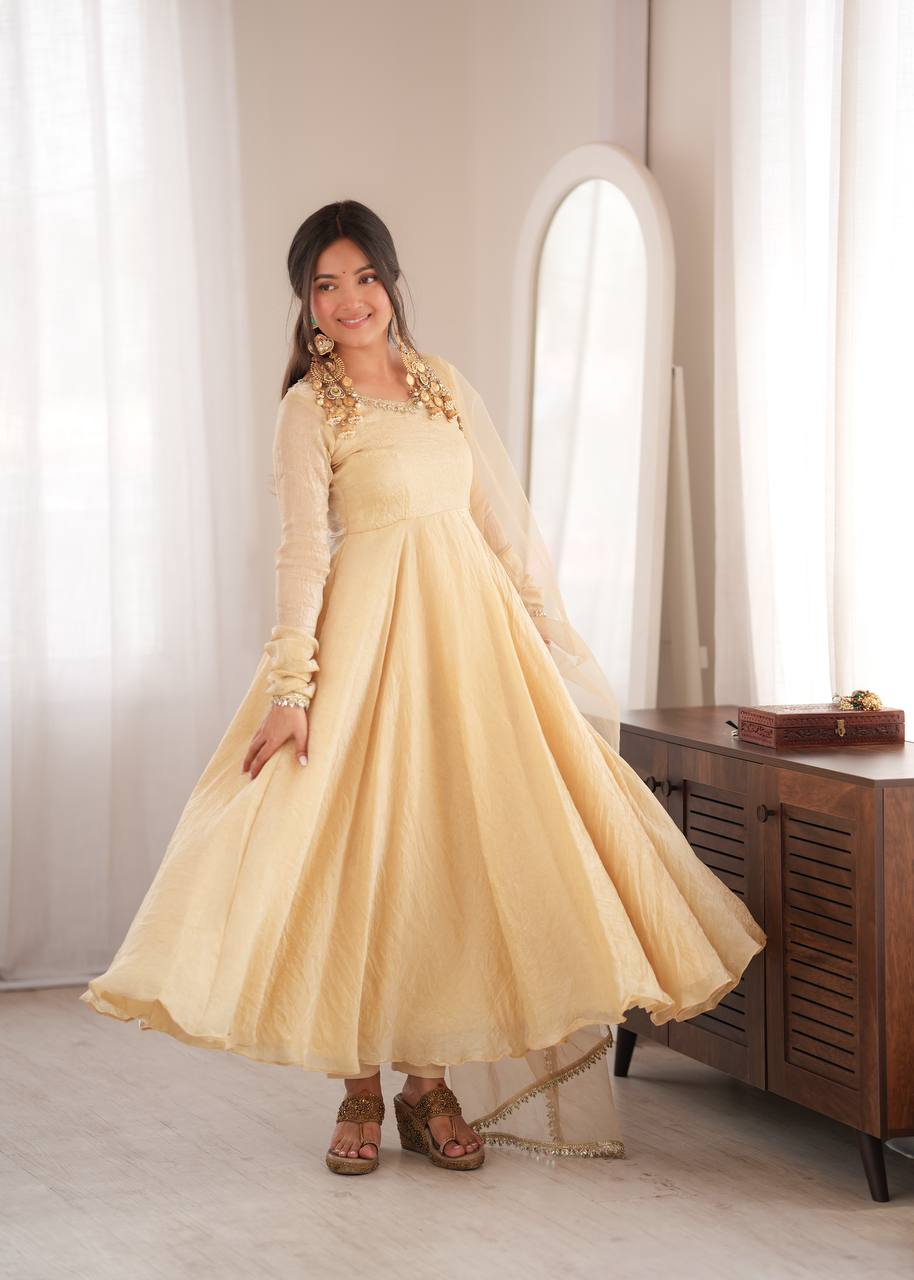 Womenline Cream Anarkali Gown with Net Dupatta