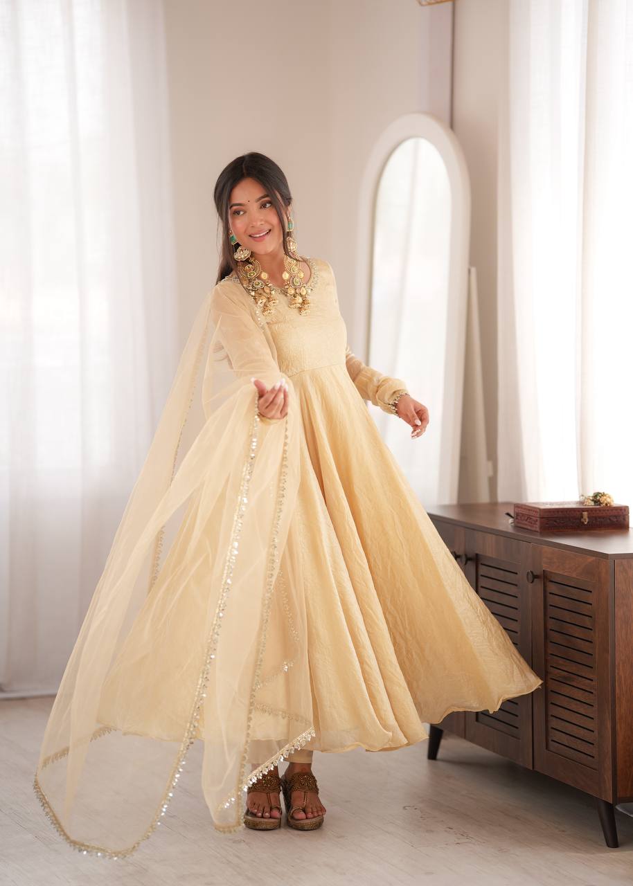 Womenline Cream Anarkali Gown with Net Dupatta