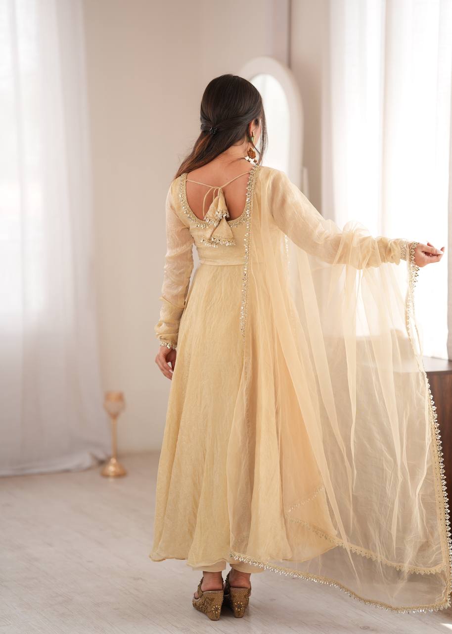 Womenline Cream Anarkali Gown with Net Dupatta