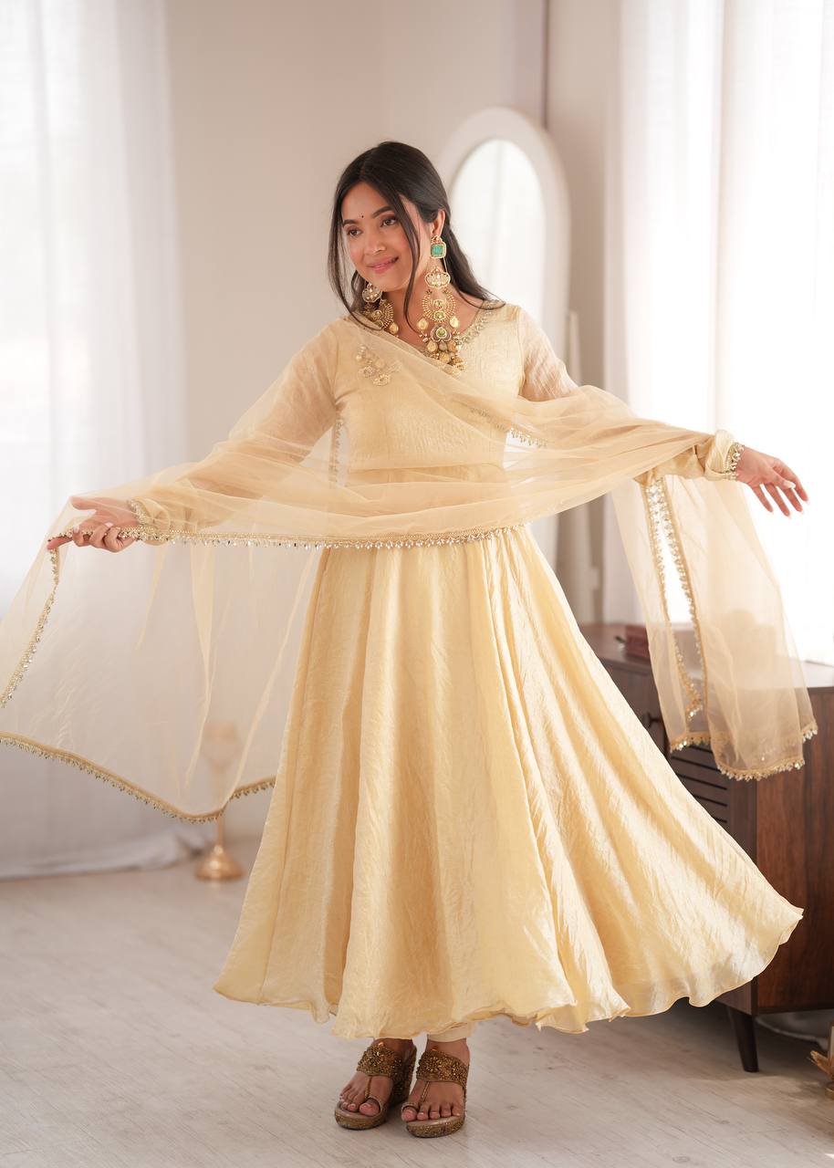Womenline Cream Anarkali Gown with Net Dupatta