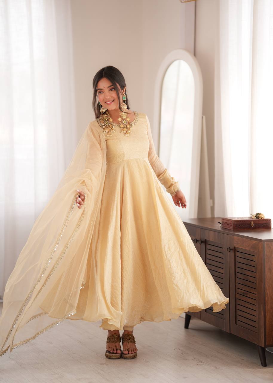 Womenline Cream Anarkali Gown with Net Dupatta