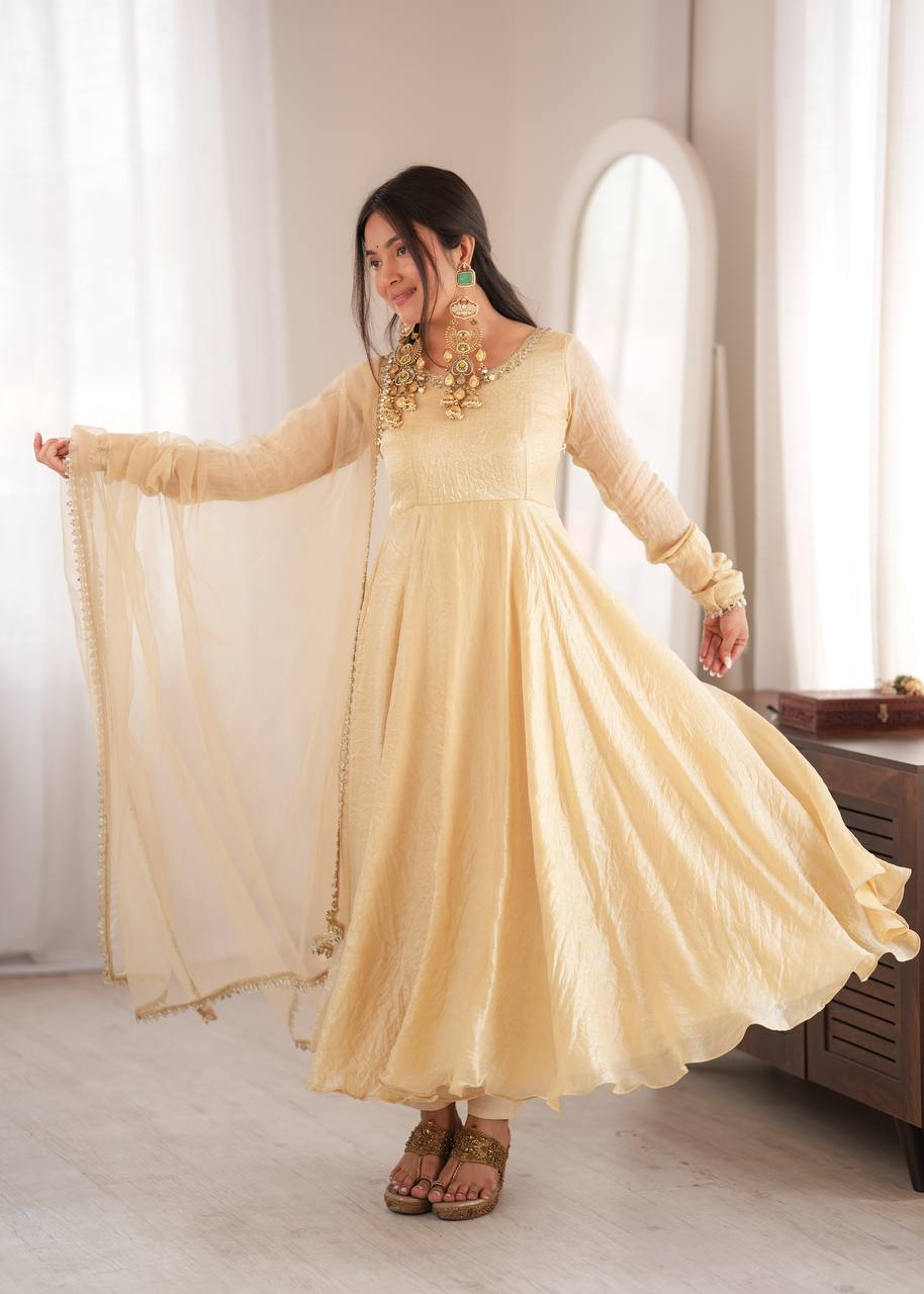 Womenline Cream Anarkali Gown with Net Dupatta