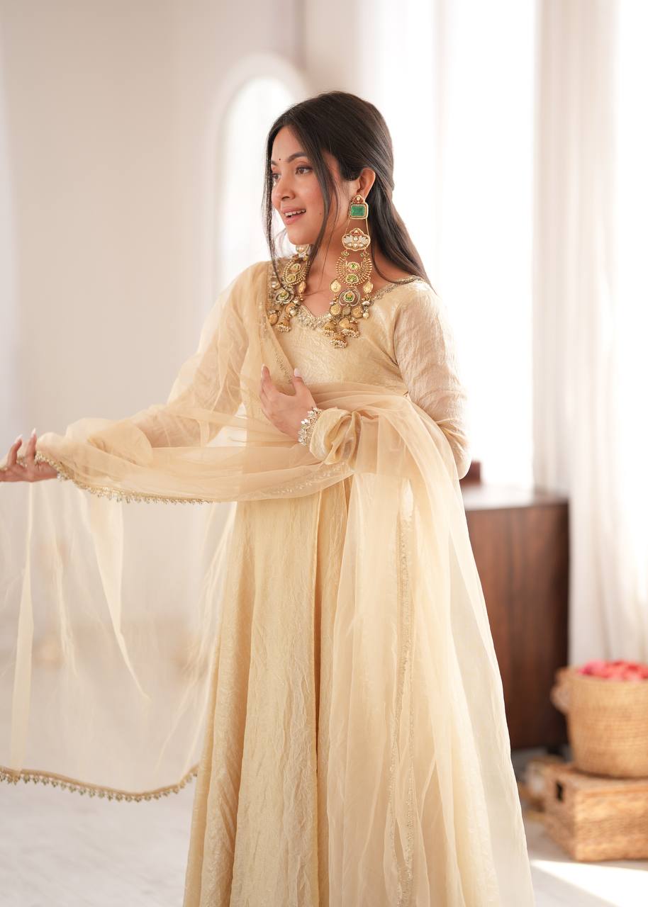 Womenline Cream Anarkali Gown with Net Dupatta