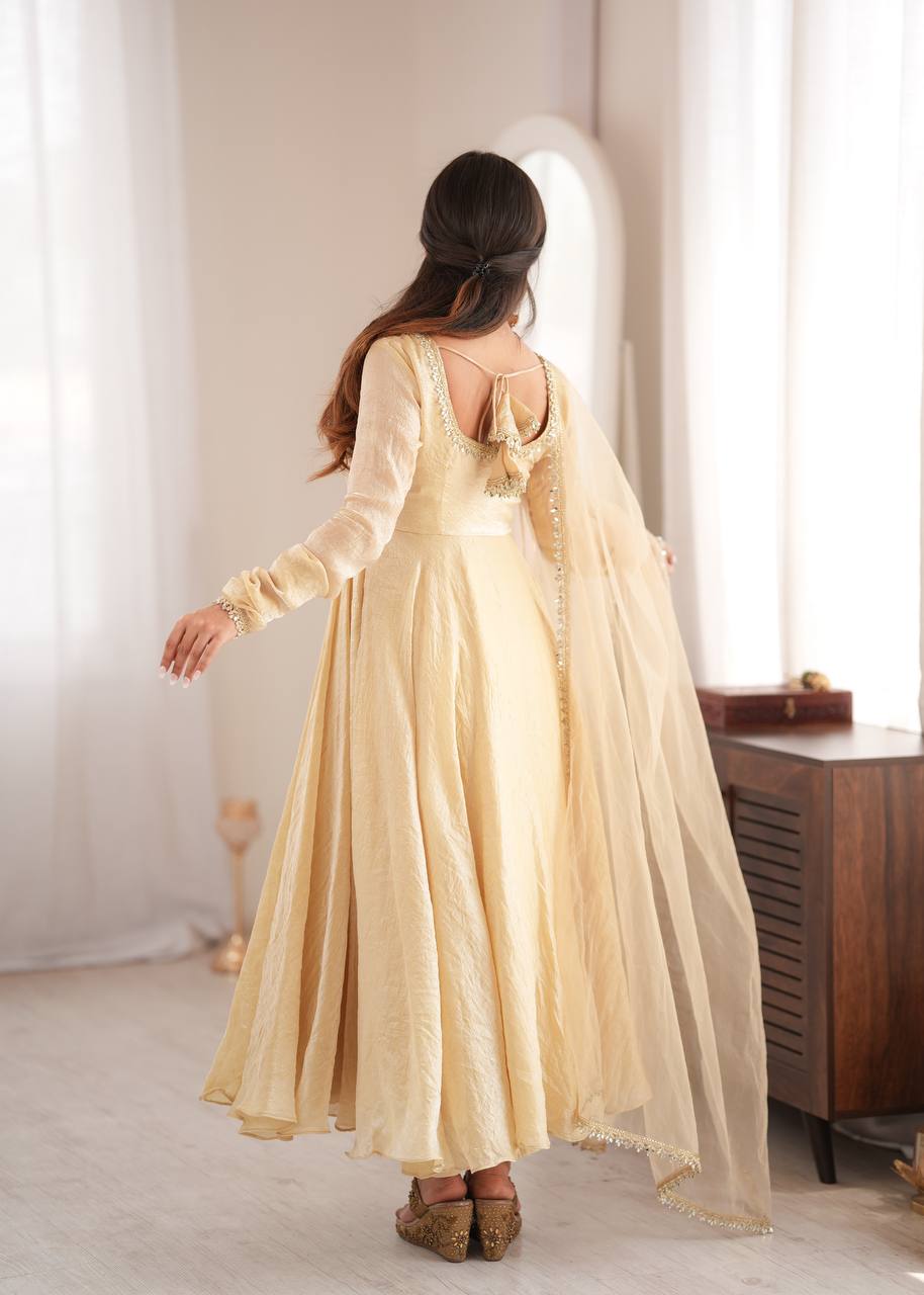 Womenline Cream Anarkali Gown with Net Dupatta