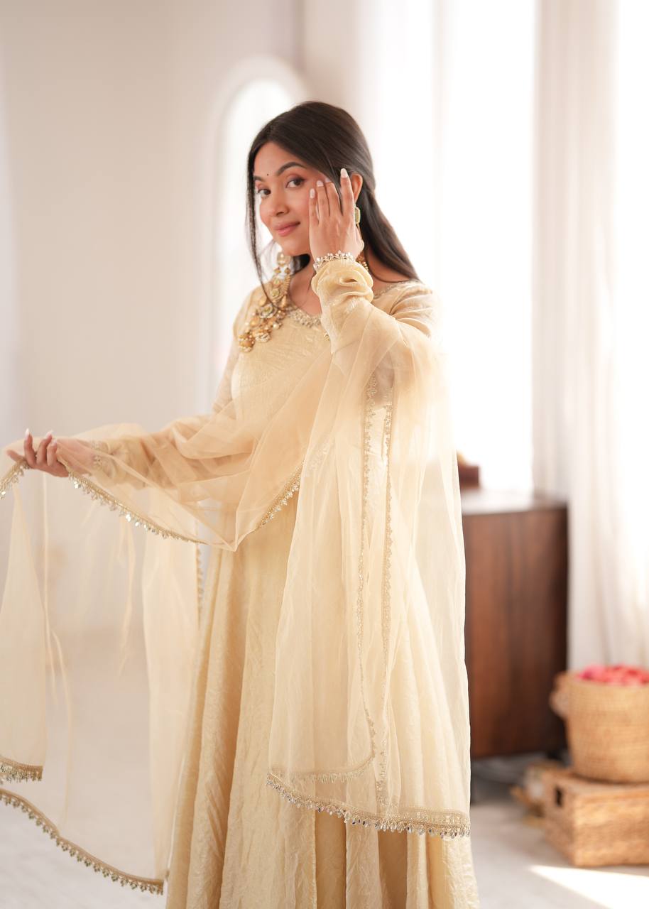 Womenline Cream Anarkali Gown with Net Dupatta