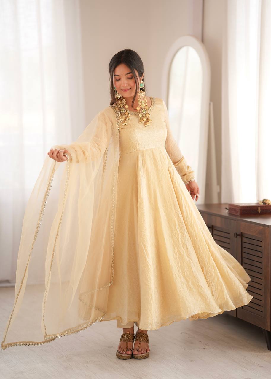 Womenline Cream Anarkali Gown with Net Dupatta