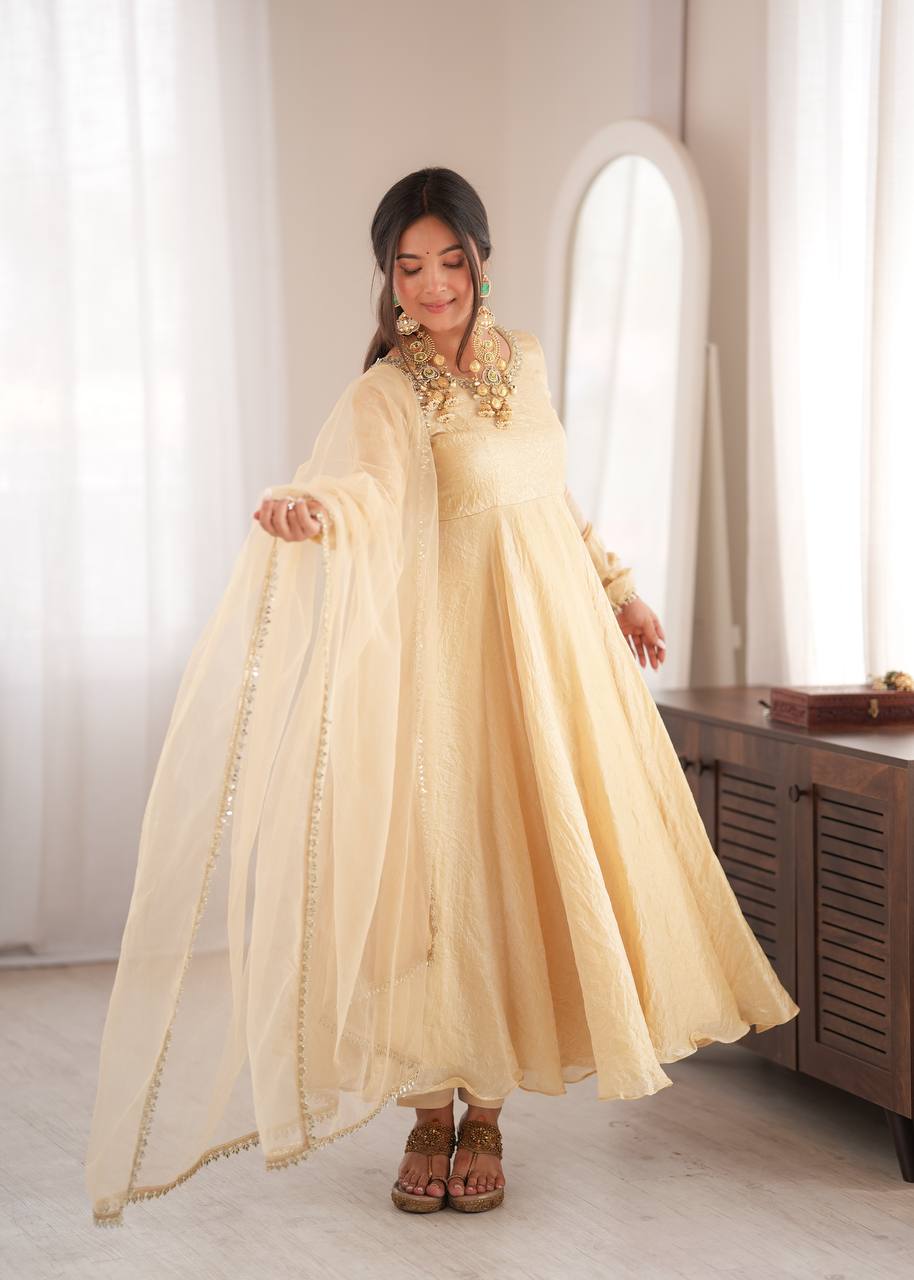 Womenline Cream Anarkali Gown with Net Dupatta